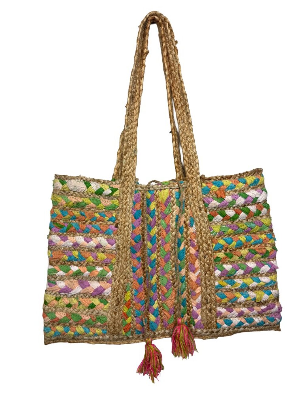 Chindi Jute Rag Woven Tassel Tote Beach Vacation Boho Hippie Colorful Bag